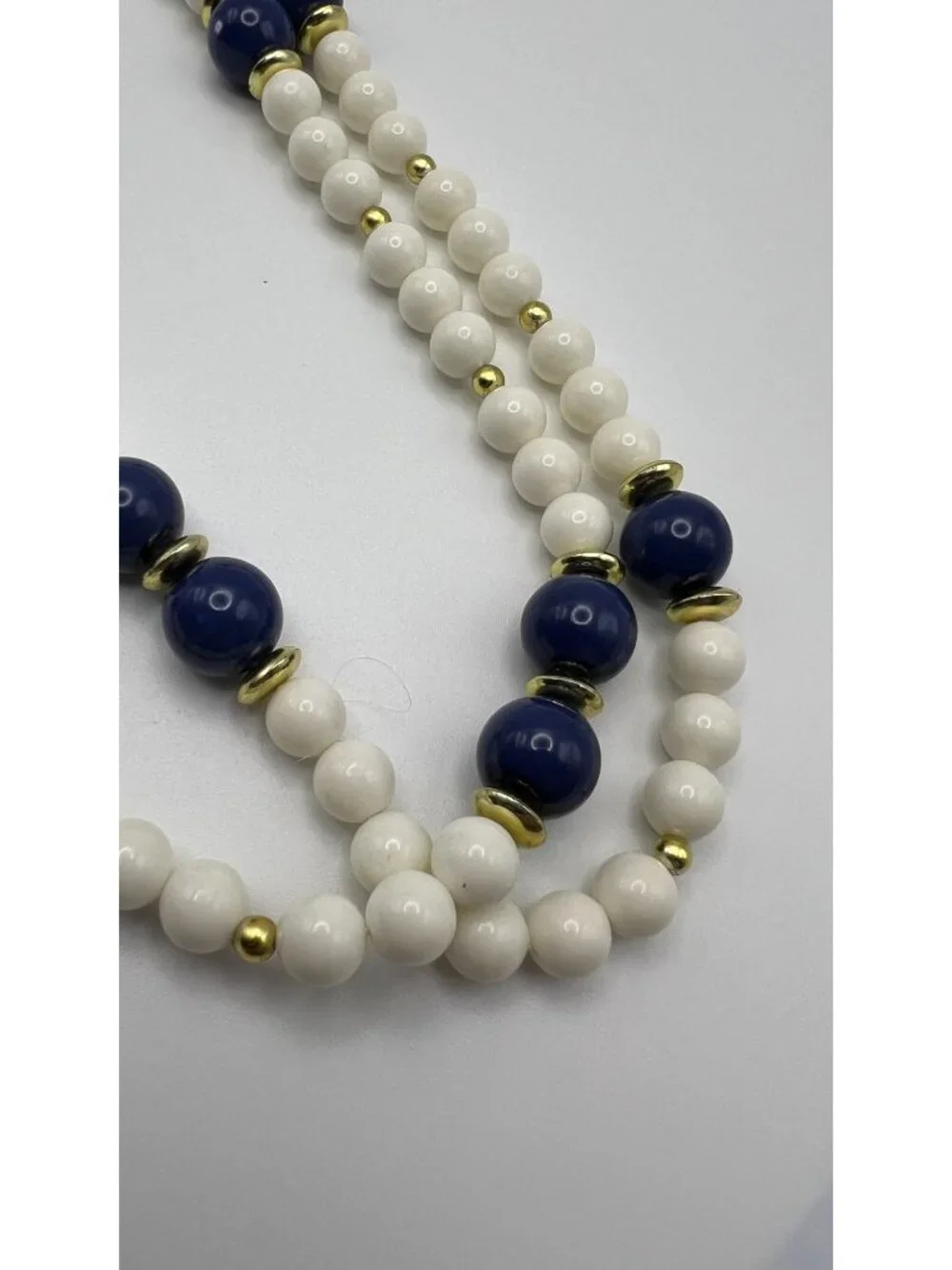 Vintage Double-Strand White & Blue Beaded Necklace With Gold-Tone Accents And Tw